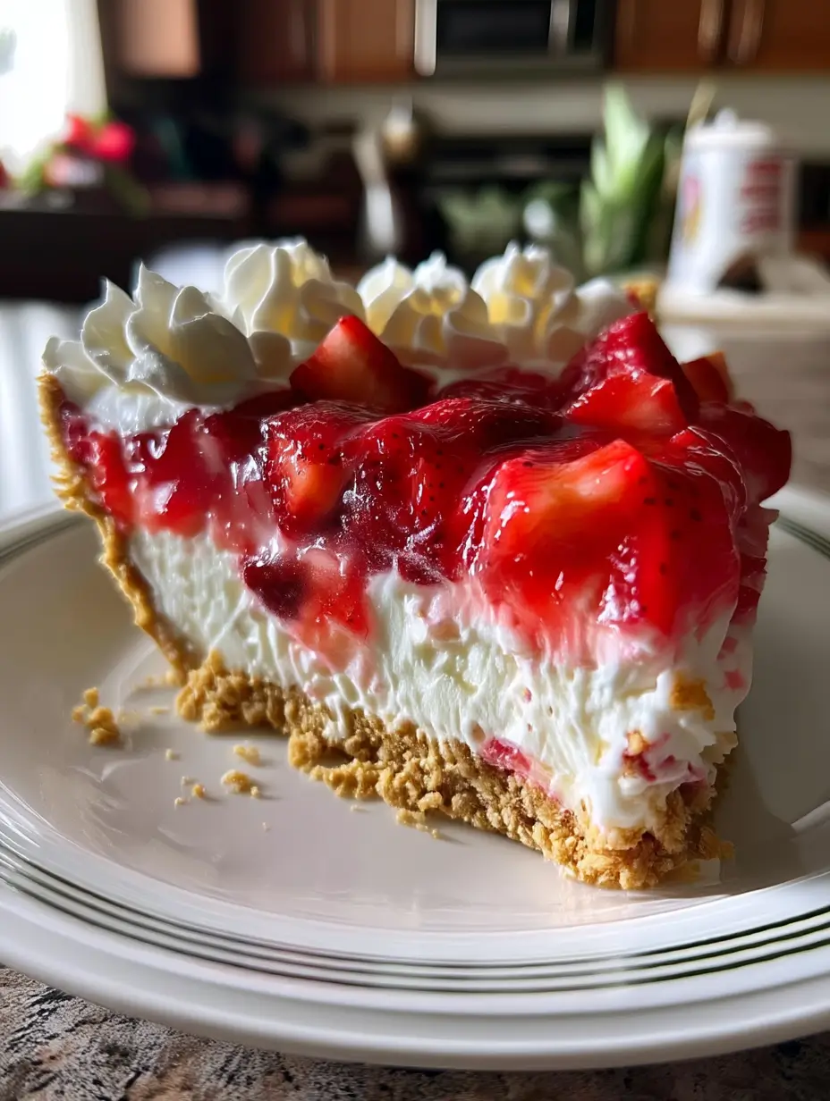 Close-up of a creamy, chilled strawberry pie with a graham cracker crust and layers of fresh berries and whipped topping.