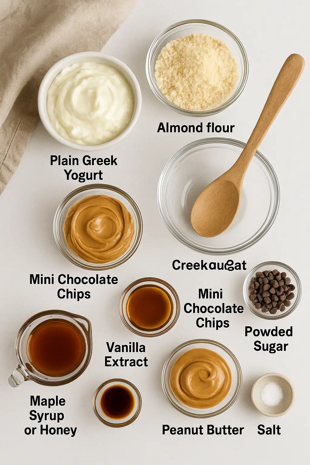 Flat lay of ingredients for Greek yogurt cookie dough, including Greek yogurt, almond flour, maple syrup, vanilla extract, sea salt, and chocolate chips arranged on a white surface.