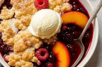 Bowl of peach and raspberry cobbler served with vanilla ice cream and fresh raspberries