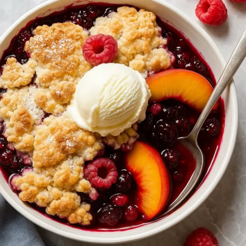 Bowl of peach and raspberry cobbler served with vanilla ice cream and fresh raspberries