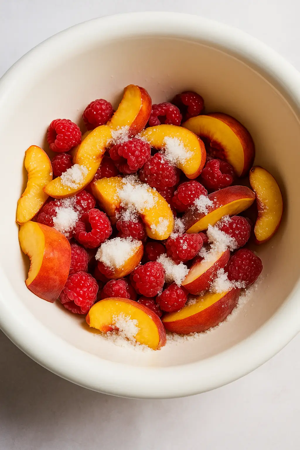 Fresh peach slices and raspberries tossed with sugar in a white mixing bowl for cobbler filling