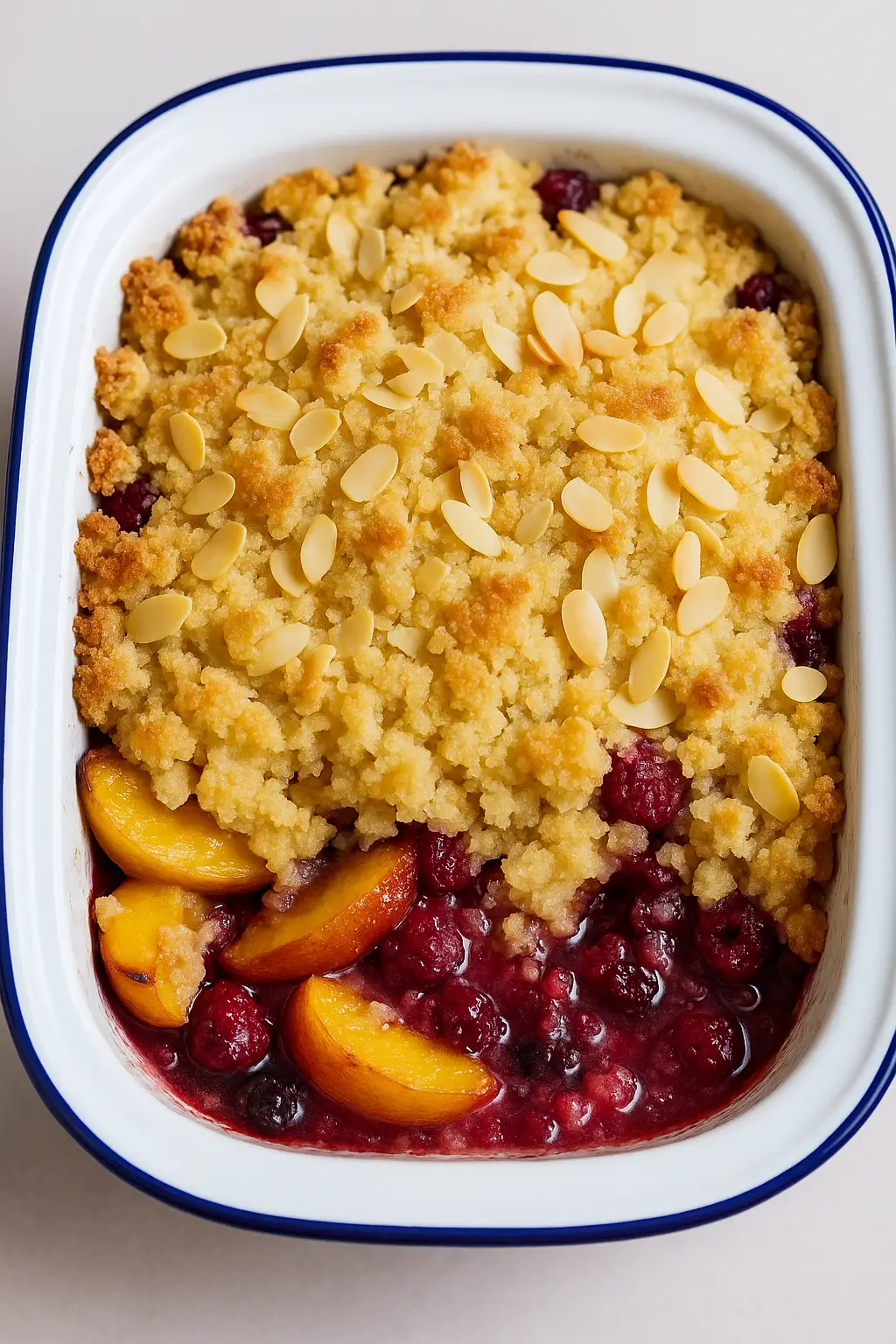 Golden baked peach and raspberry cobbler topped with flaked almonds in a white enamel baking dish
