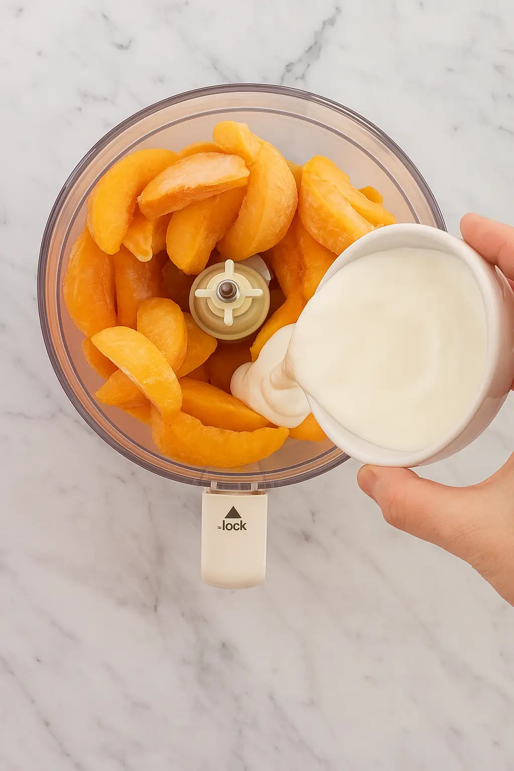 Frozen peach slices in food processor with yogurt being poured in for peach sorbet recipe
