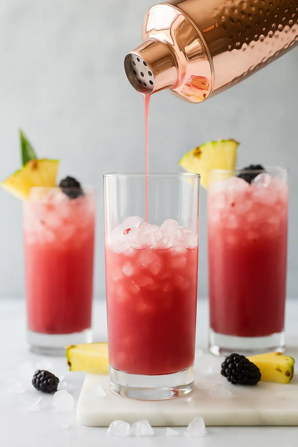 A copper cocktail shaker pouring a pink pineapple ginger beer mocktail over crushed ice in a tall glass, with pineapple and blackberry garnished drinks in the background.