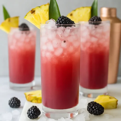 Three tall glasses of pineapple ginger beer mocktail with crushed ice, garnished with pineapple wedges, blackberries, and green leaves, surrounded by scattered ice and fresh berries.