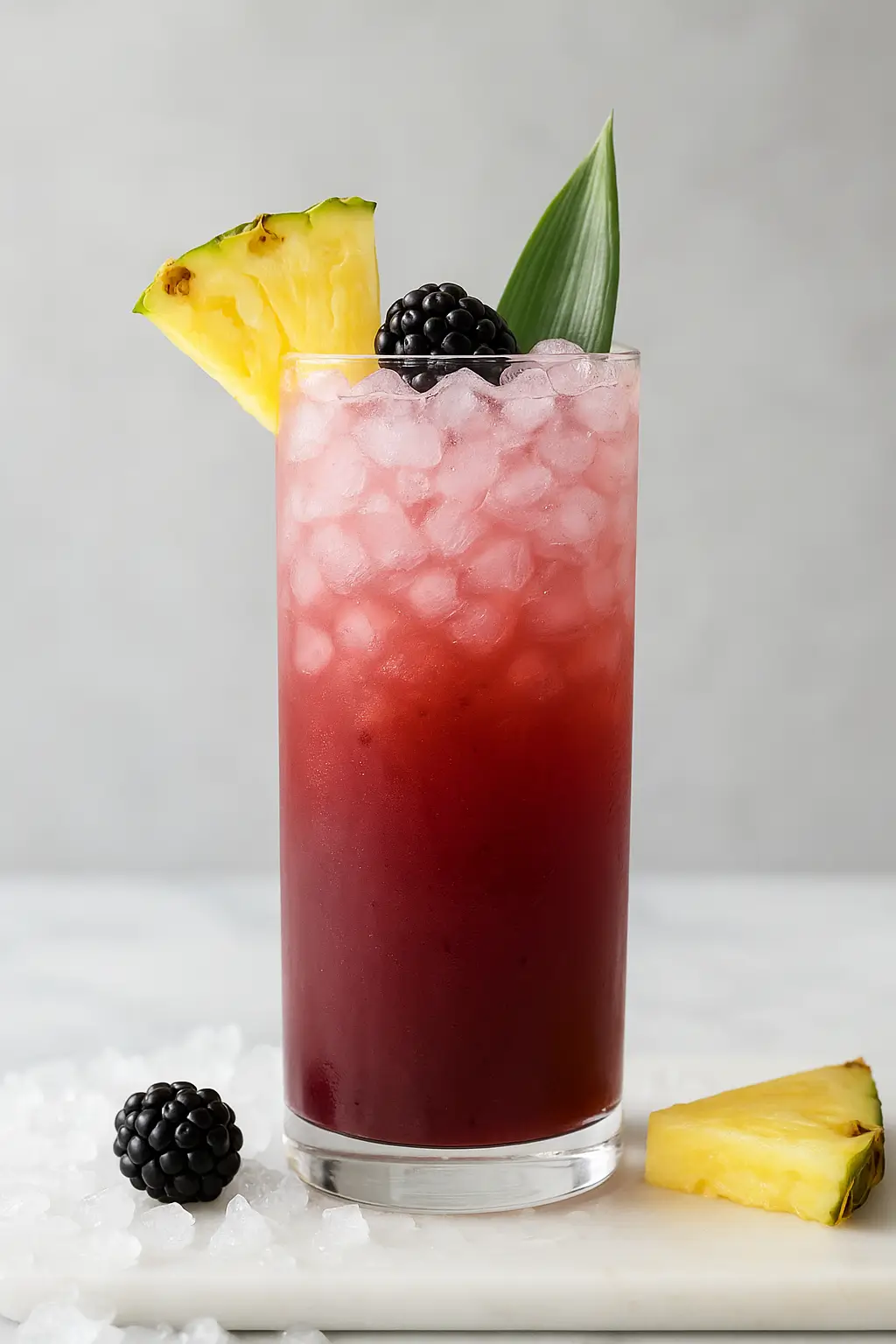 A vibrant pineapple ginger beer mocktail in a tall glass filled with crushed ice, garnished with a pineapple wedge, blackberry, and green leaf, sitting on a white surface with fresh fruit around it.