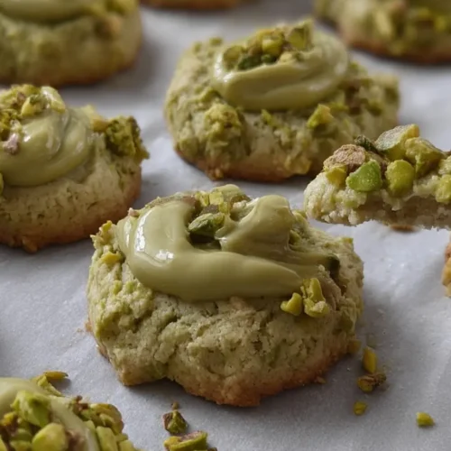 Buttery pistachio cookies with a thumbprint center filled with pistachio cream and garnished with crushed pistachios, arranged in rows for cooling