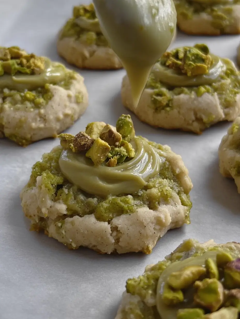 Close-up of freshly baked pistachio thumbprint cookies topped with creamy pistachio filling and chopped pistachios on a parchment-lined baking sheet