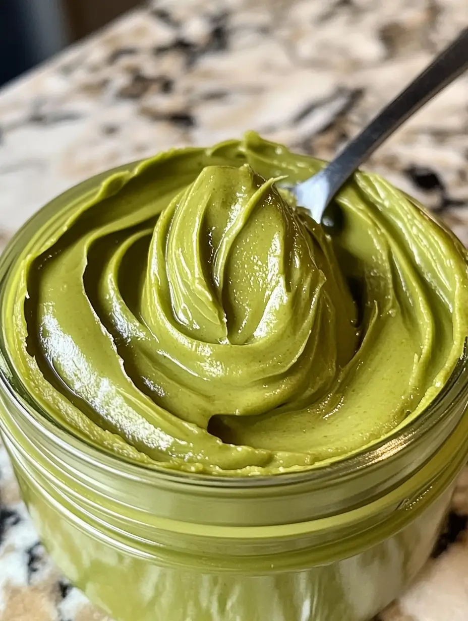 Smooth and glossy pistachio butter with deep green tones, artfully swirled in a clear glass jar, spoon resting on top.