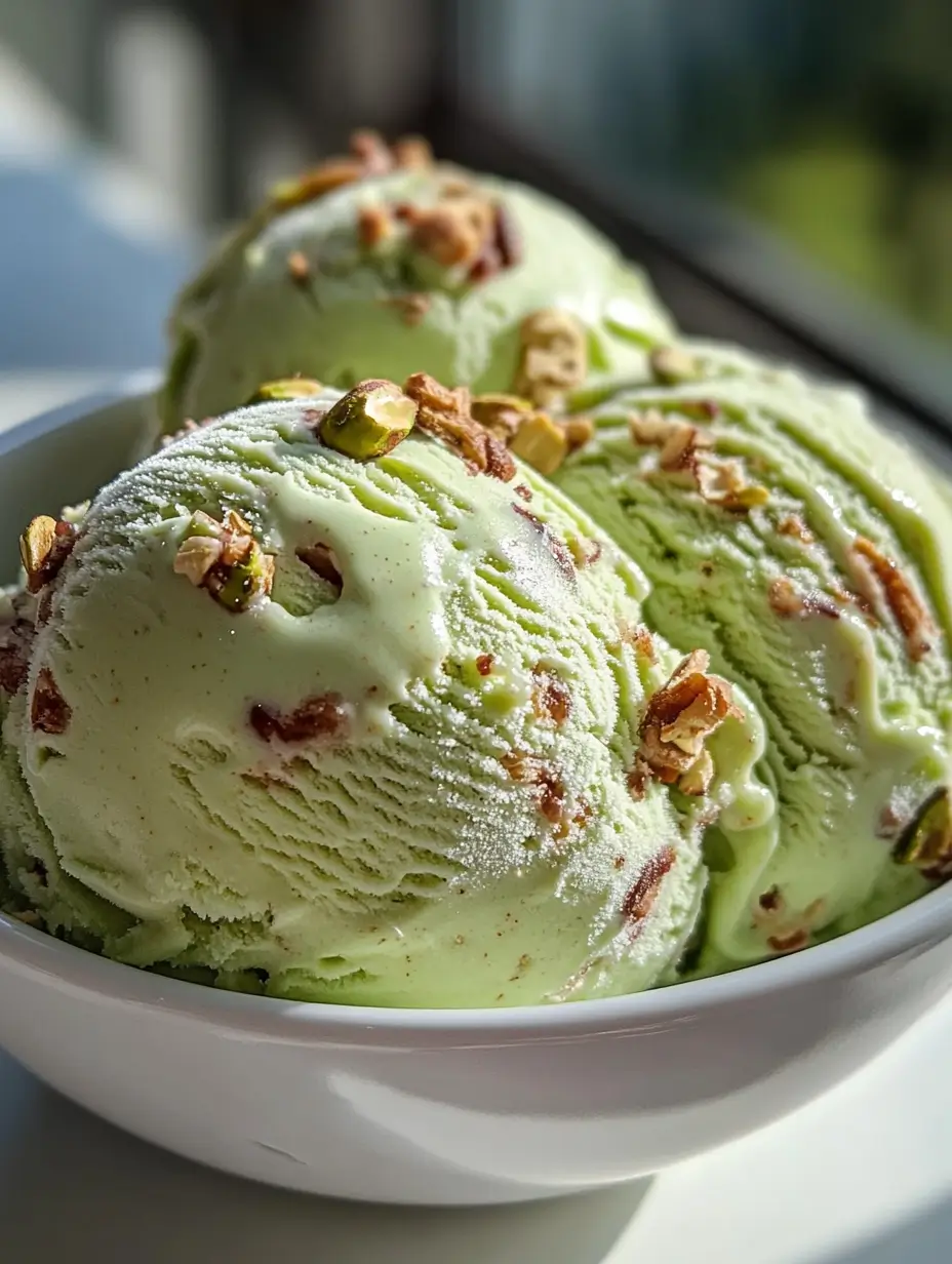 Close-up of three scoops of pistachio praline ice cream in a white bowl, topped with chopped pistachios and set in natural sunlight.
