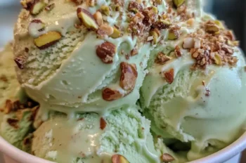 Pistachio praline ice cream served in a paper cup, topped generously with crushed pistachio praline, photographed in a soft indoor light.