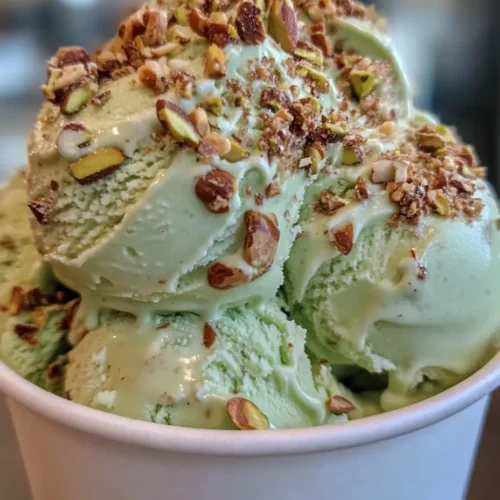 Pistachio praline ice cream served in a paper cup, topped generously with crushed pistachio praline, photographed in a soft indoor light.