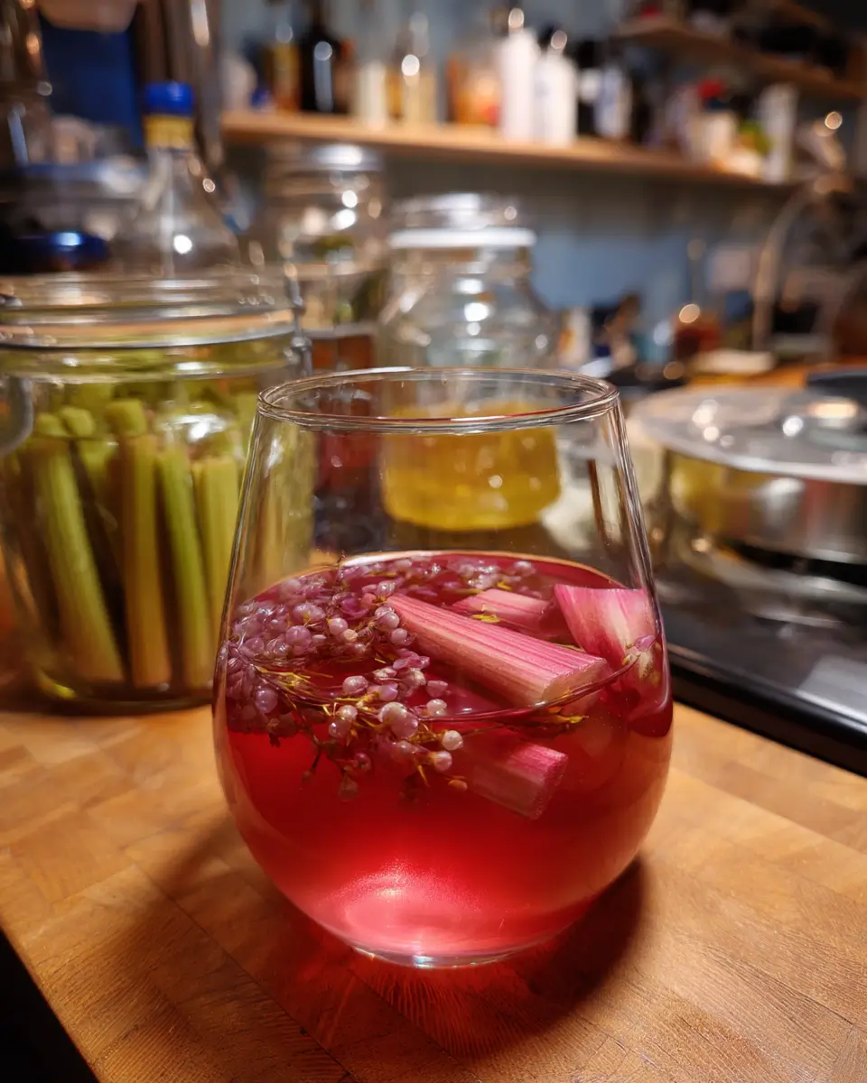 Glass of steeped rhubarb syrup with rhubarb chunks and floral herbs, part of the non-alcoholic sangria preparation