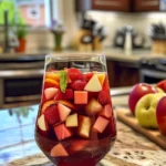 Glass of non-alcoholic rhubarb sangria filled with diced apples, strawberries, peaches, and orange slices, garnished with mint