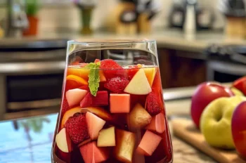 Glass of non-alcoholic rhubarb sangria filled with diced apples, strawberries, peaches, and orange slices, garnished with mint