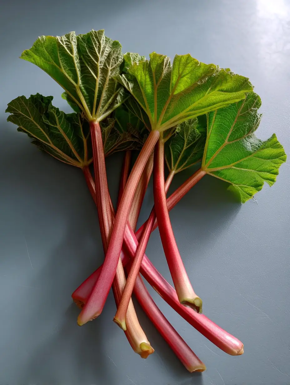 Fresh rhubarb stalks with large green leaves on a gray surface, ideal for making homemade rhubarb syrup