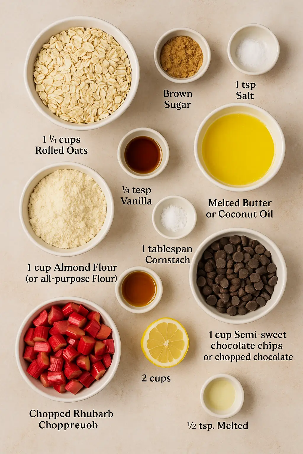 Flat lay of measured ingredients for rhubarb and chocolate bars, including rolled oats, almond flour, brown sugar, chopped rhubarb, chocolate chips, butter, vanilla, lemon, salt, and cornstarch.
