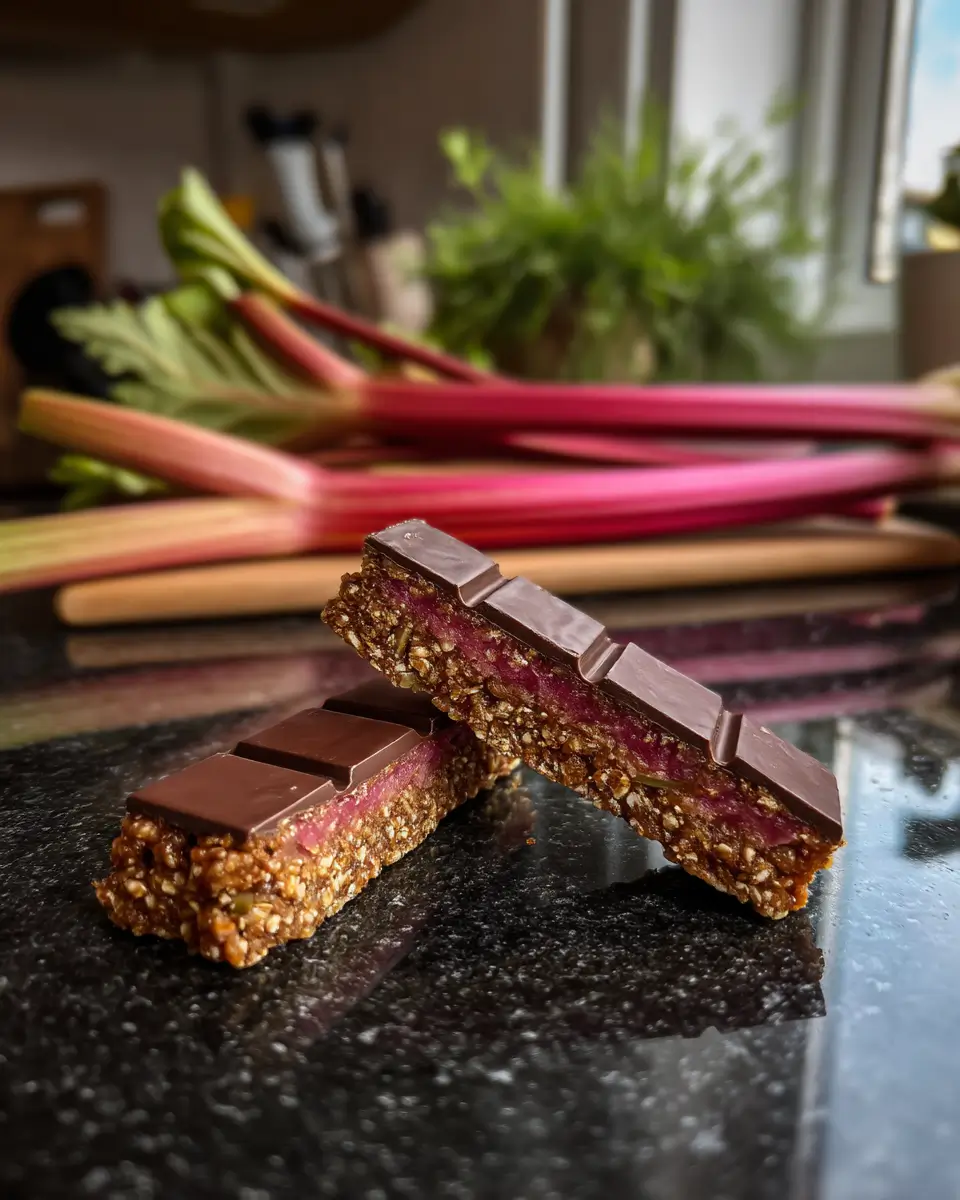 Two rhubarb and chocolate bars stacked on a dark countertop, with fresh rhubarb stalks in the background and natural light streaming through a window