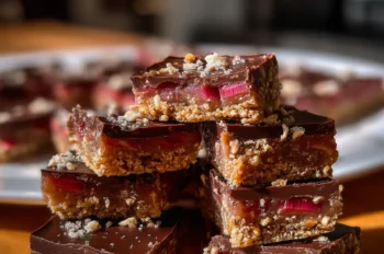 A stack of rich rhubarb and chocolate oat bars with glossy chocolate tops and visible pieces of baked rhubarb, arranged on a wooden table with a blurred tray in the background.