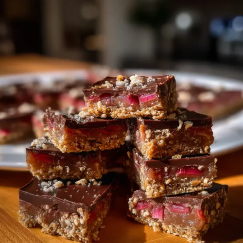 A stack of rich rhubarb and chocolate oat bars with glossy chocolate tops and visible pieces of baked rhubarb, arranged on a wooden table with a blurred tray in the background.