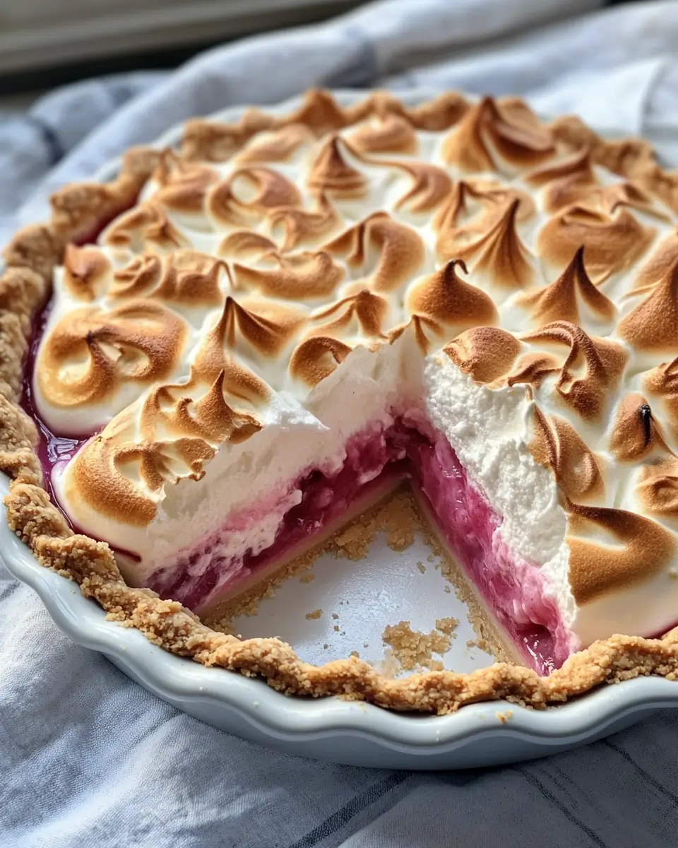 Golden-browned rhubarb meringue pie in a ceramic dish with a slice missing, revealing a vibrant pink rhubarb filling and fluffy meringue topping.