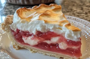Close-up of a slice of rhubarb meringue pie on a decorative white plate, showing distinct layers of creamy, pink rhubarb filling and toasted meringue, with the full pie blurred in the background.