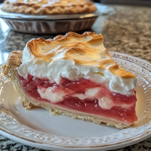 Close-up of a slice of rhubarb meringue pie on a decorative white plate, showing distinct layers of creamy, pink rhubarb filling and toasted meringue, with the full pie blurred in the background.