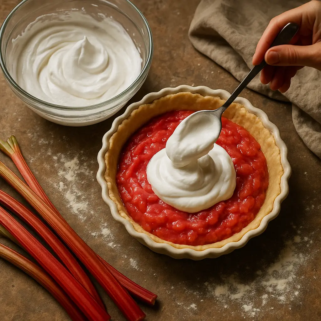 Hand spooning whipped meringue onto a pie filled with thick, red rhubarb filling, next to a bowl of meringue and fresh rhubarb stalks on a rustic countertop.