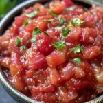 Close-up of chunky homemade rhubarb relish in a dark bowl topped with fresh chopped herbs