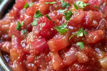 Close-up of chunky homemade rhubarb relish in a dark bowl topped with fresh chopped herbs