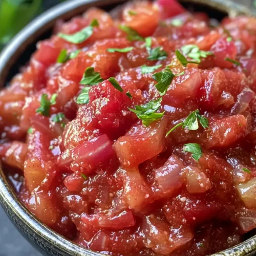 Close-up of chunky homemade rhubarb relish in a dark bowl topped with fresh chopped herbs