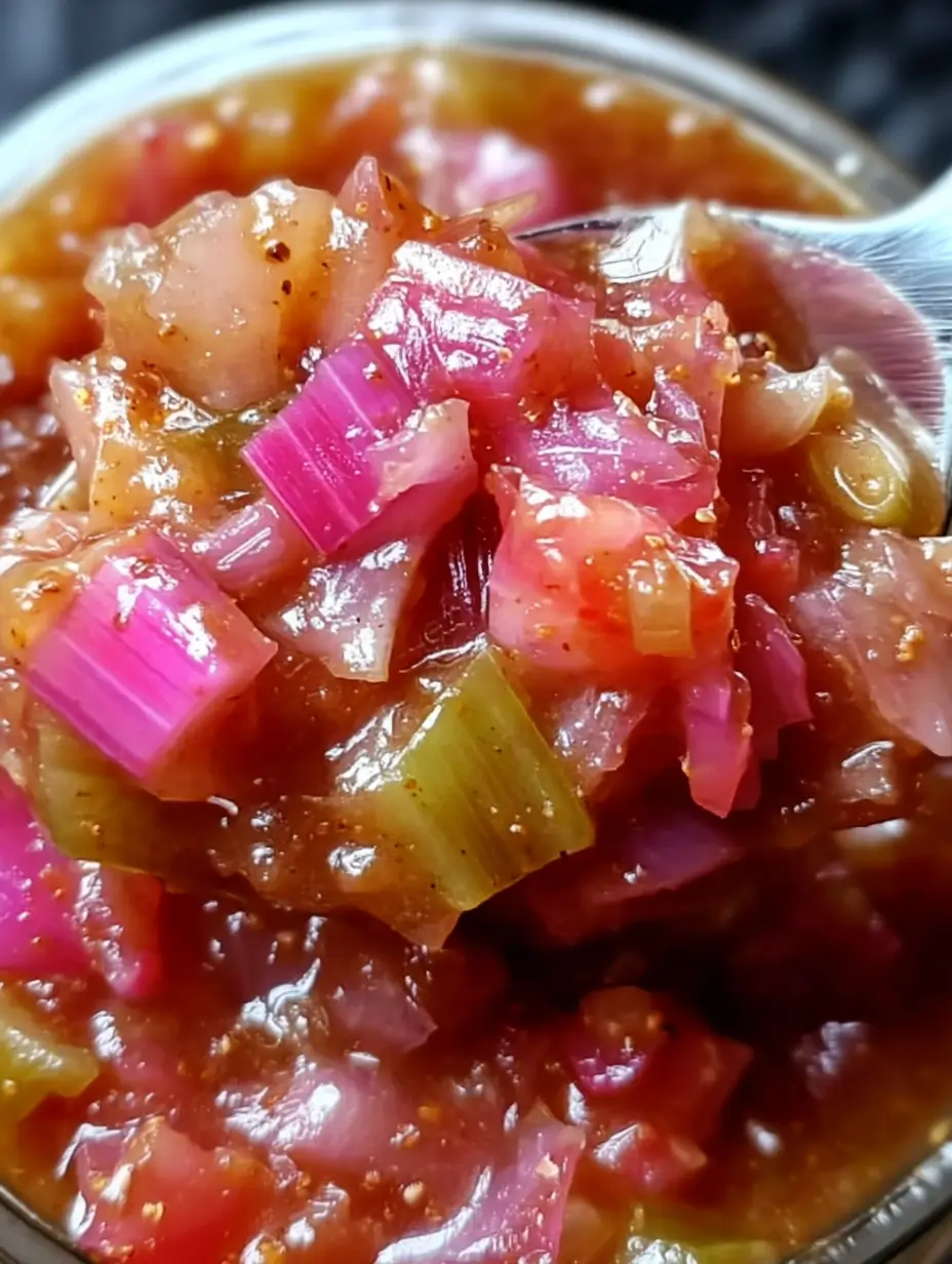 Spoonful of vibrant rhubarb relish showing soft cooked onions and rhubarb with a glossy, jammy texture