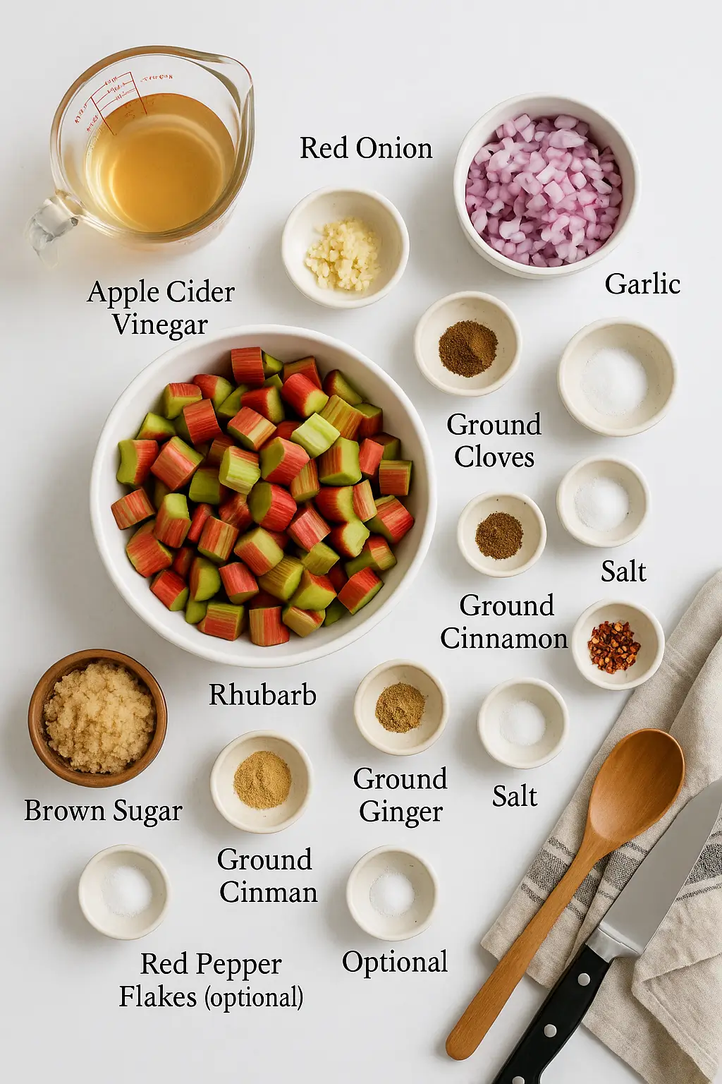 Overhead view of measured rhubarb relish ingredients including chopped rhubarb, red onion, garlic, brown sugar, spices, and apple cider vinegar