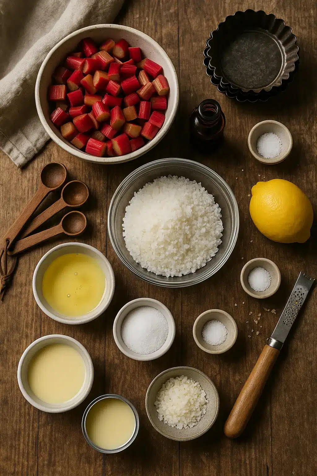 A flat lay of ingredients for rhubarb coconut tarts, including chopped rhubarb, shredded coconut, lemon, egg whites, sugar, and measuring tools on a rustic wooden surface.