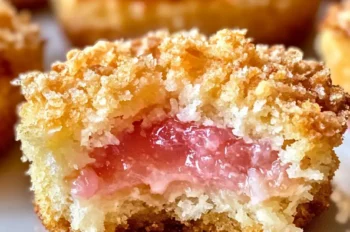 A close-up of a rhubarb coconut tart with a golden crust and a gooey, pink rhubarb filling exposed in the center.