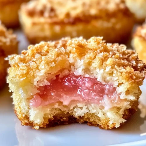 A close-up of a rhubarb coconut tart with a golden crust and a gooey, pink rhubarb filling exposed in the center.