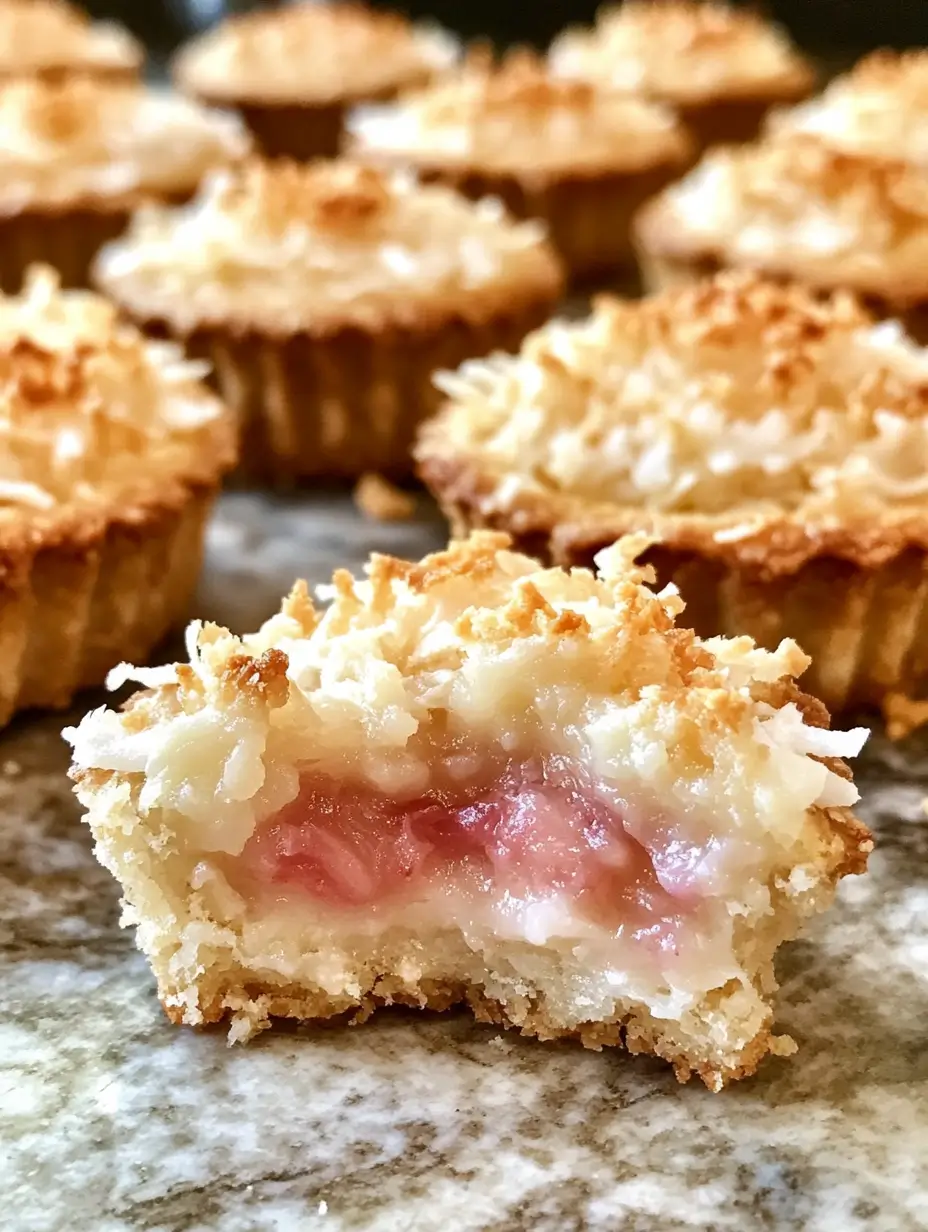 A group of baked rhubarb coconut macaroon tarts with one in the foreground revealing a pink rhubarb center and golden coconut topping.