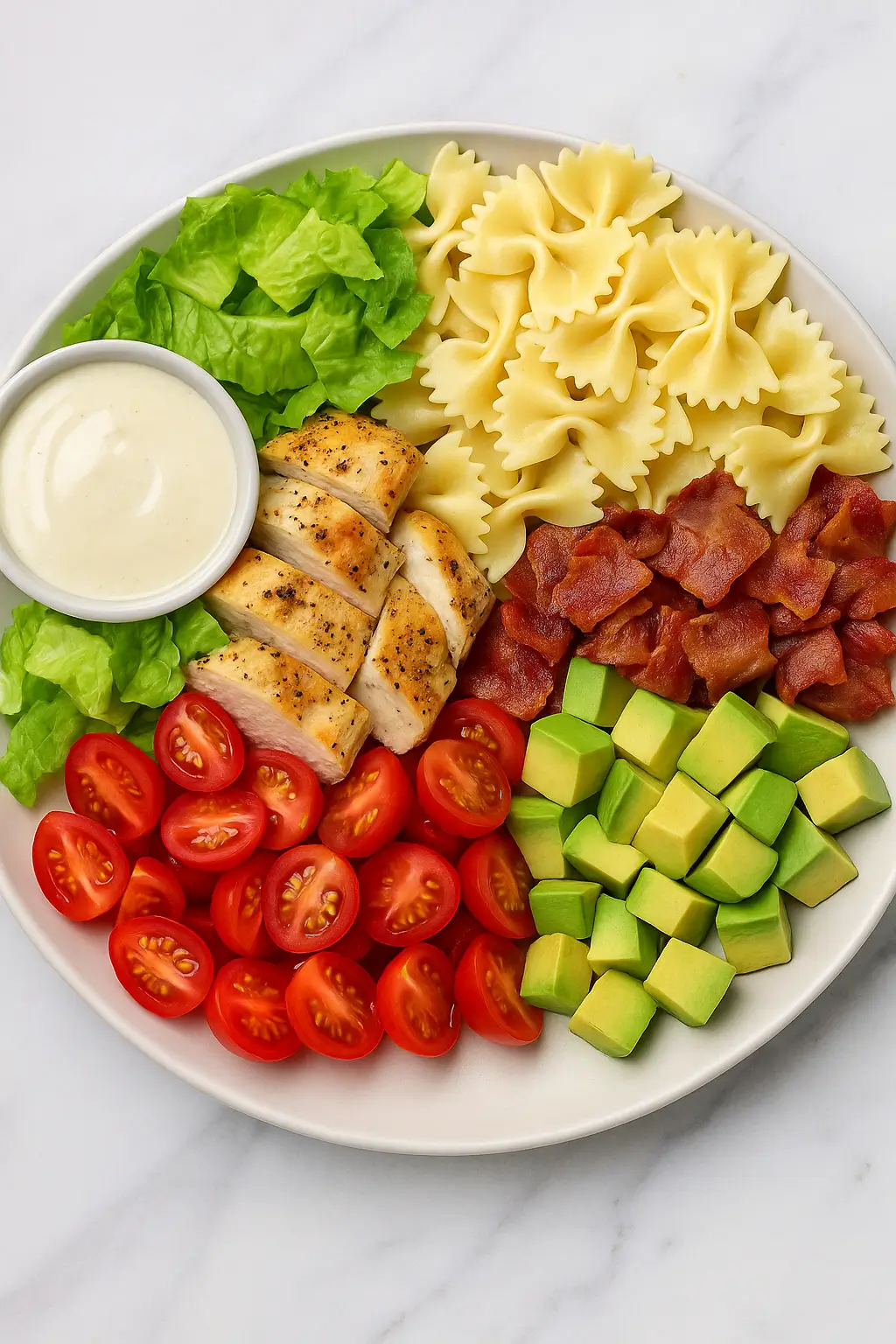 Ingredients for chicken club pasta salad: grilled chicken, bacon, avocado, cherry tomatoes, lettuce, bowtie pasta, and creamy dressing on a white plate