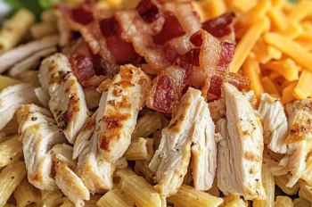 Close-up of chicken club pasta salad topped with bacon, cheddar, cherry tomatoes, and fresh parsley over creamy penne