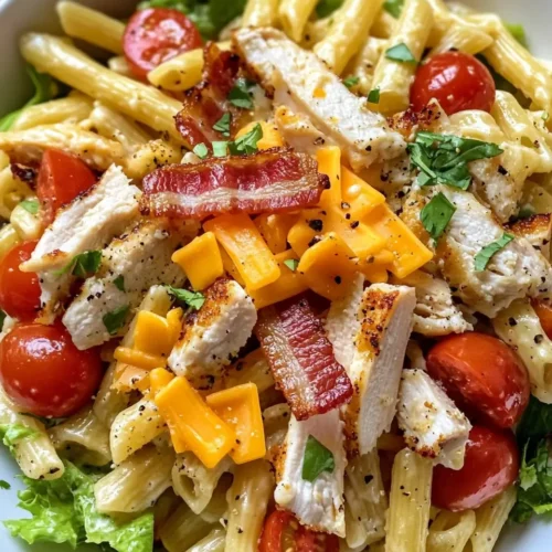 Creamy chicken club pasta salad with grilled chicken, crispy bacon, cheddar cheese, lettuce, and cherry tomatoes