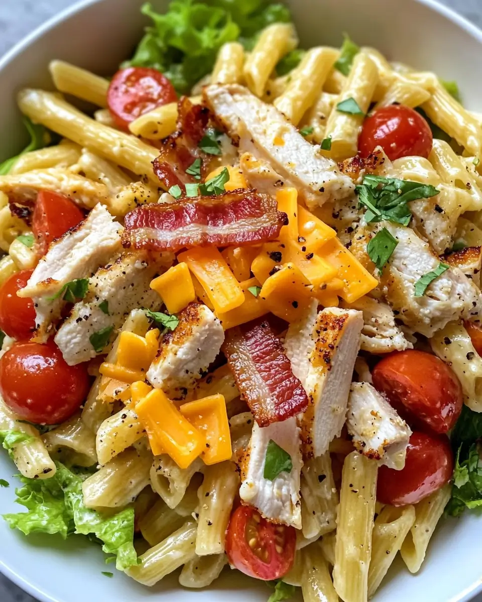 Creamy chicken club pasta salad with grilled chicken, crispy bacon, cheddar cheese, lettuce, and cherry tomatoes