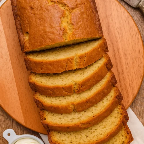 Sliced Southern Peach Bread displayed on a wooden board next to a small bowl of cream cheese or butter.