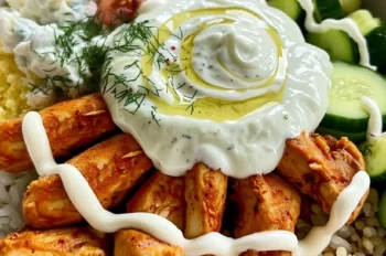 Close-up of Spicy Chicken Tzatziki Bowl with seasoned chicken, chopped cucumbers and tomatoes, rice, and a swirl of creamy tzatziki sauce with olive oil