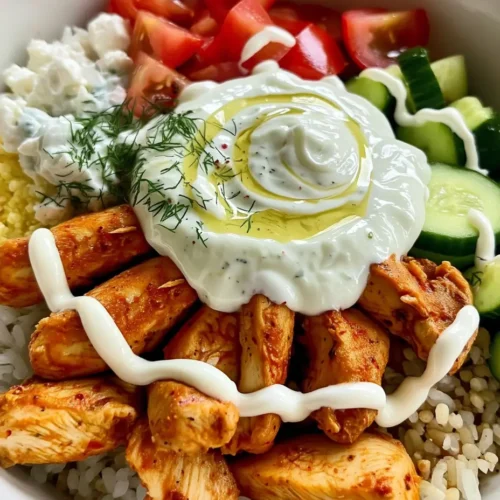 Close-up of Spicy Chicken Tzatziki Bowl with seasoned chicken, chopped cucumbers and tomatoes, rice, and a swirl of creamy tzatziki sauce with olive oil