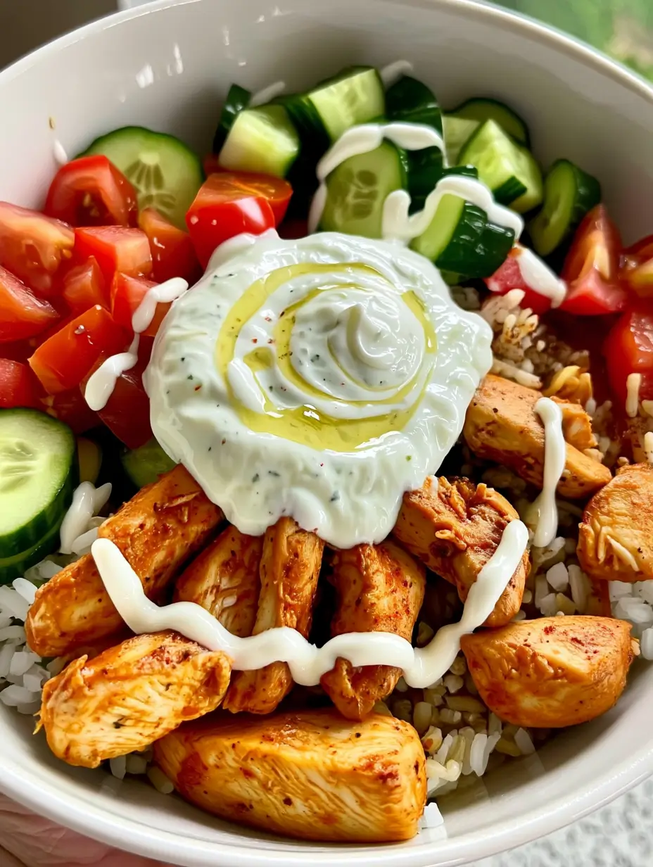 Spicy Chicken Tzatziki Bowl with grilled chicken, rice, couscous, chopped tomatoes, cucumbers, creamy tzatziki, fresh dill, and olive oil drizzle