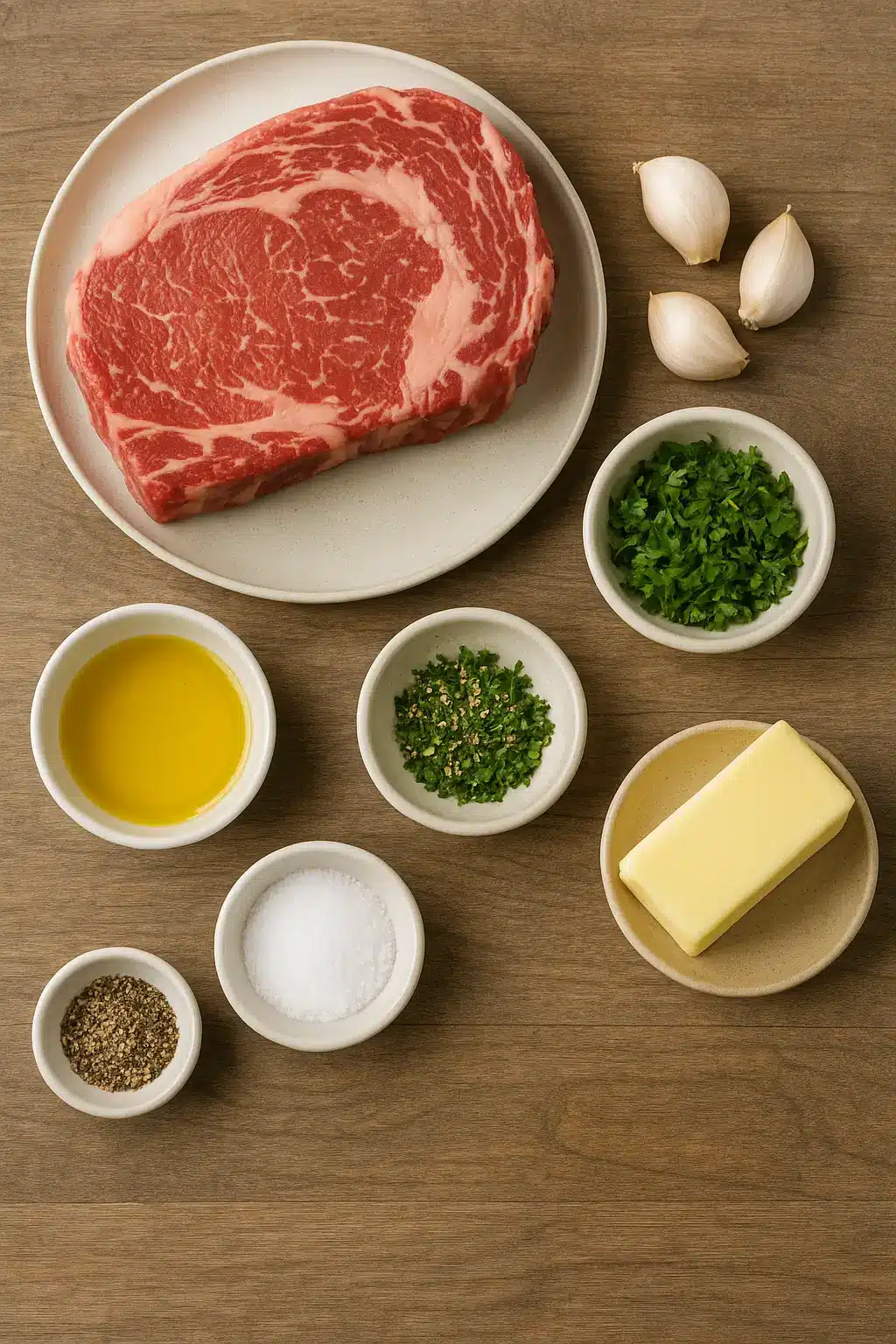 Raw ribeye steak, garlic cloves, butter, olive oil, parsley, salt, and pepper arranged on a wooden surface