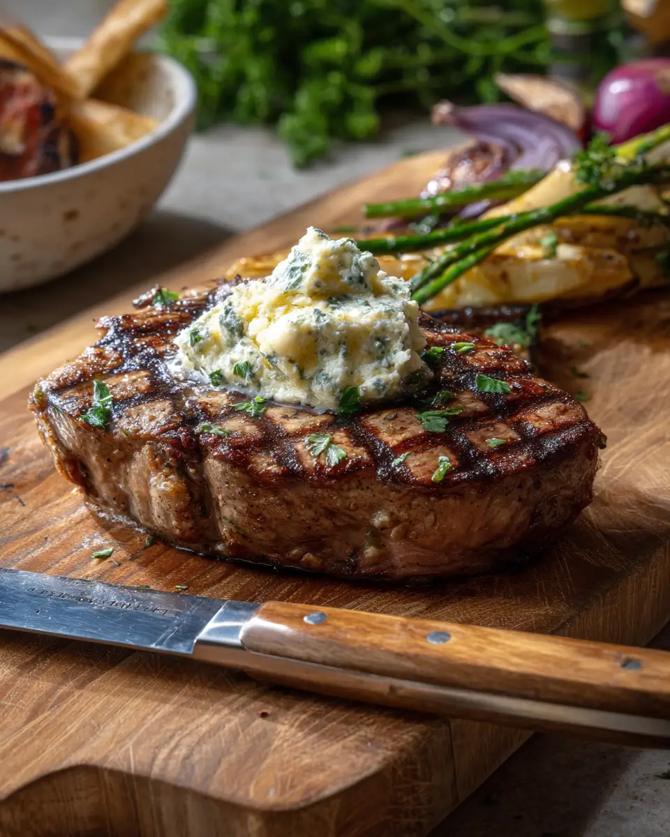 Juicy grilled ribeye steak topped with garlic herb butter, served with grilled vegetables and fries on a cutting board