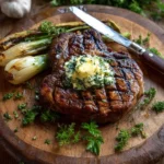Grilled ribeye steak with garlic herb butter and charred scallions on a wooden board