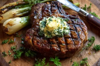 Grilled ribeye steak with garlic herb butter and charred scallions on a wooden board