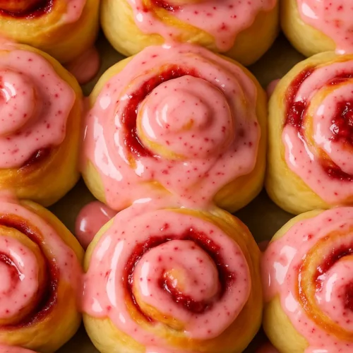 Freshly baked strawberry cinnamon rolls topped with glossy pink strawberry glaze, arranged closely in a baking pan.